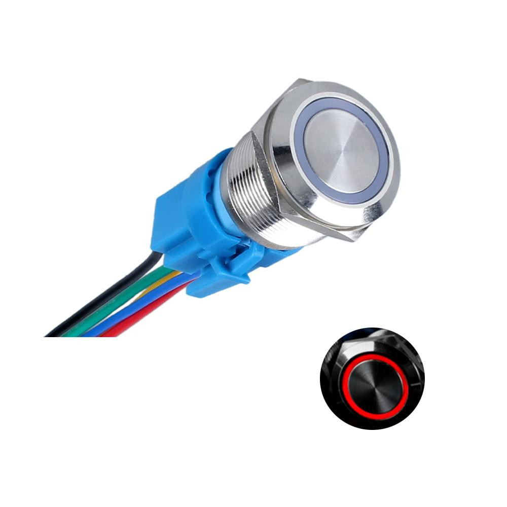 Fém nyomógombos kapcsoló – piros LED, 12/24 V, 19 mm