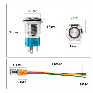 Fém nyomógombos kapcsoló – piros, 12 V