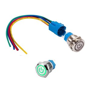 Fém nyomógombos kapcsoló – zöld LED, 12/24 V, 19 mm