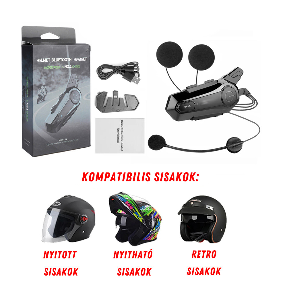 Motoros Bluetooth intercom nyitott sisakhoz – 1 db