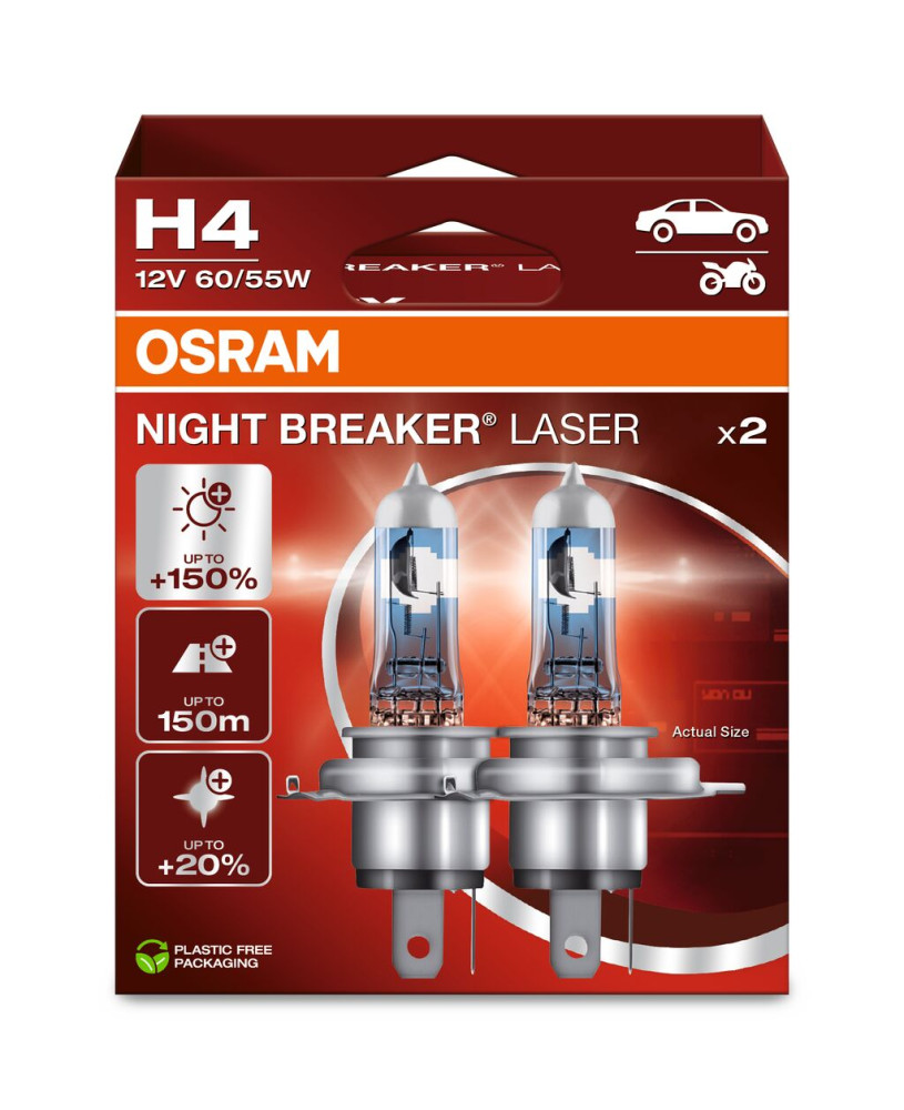 OSRAM Night Breaker Laser H4 halogén izzó – akár +150% fényerő, 2 db