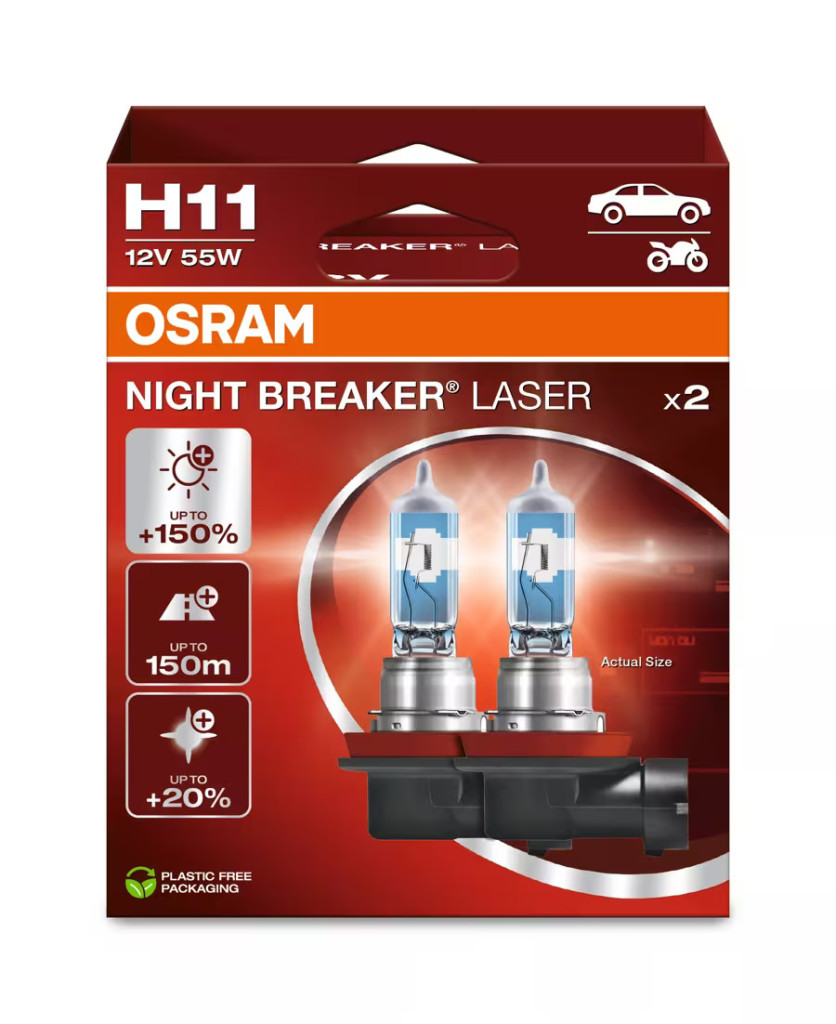 OSRAM Night Breaker Laser H11 halogén izzó – akár +150% fényerő, 2 db