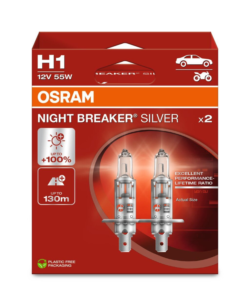 OSRAM Night Breaker Silver H1 halogén izzó – 3200 K, akár +100% fényerő, 2 db