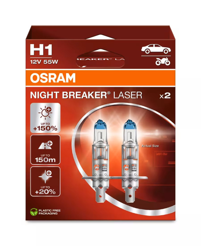 OSRAM Night Breaker Laser H1 halogén izzó – akár +150% fényerő, 2 db