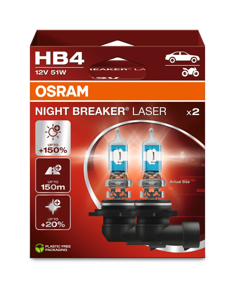 OSRAM Night Breaker Laser HB4 halogén izzó – akár +150% fényerő, 2 db