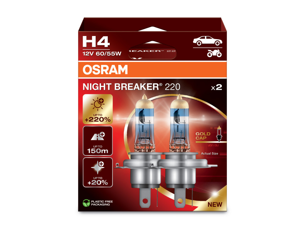 OSRAM Night Breaker 220 H4 halogén izzó – akár +220% fényerő, 2 db